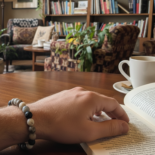 Men's bracelet, polished agate and lava stones