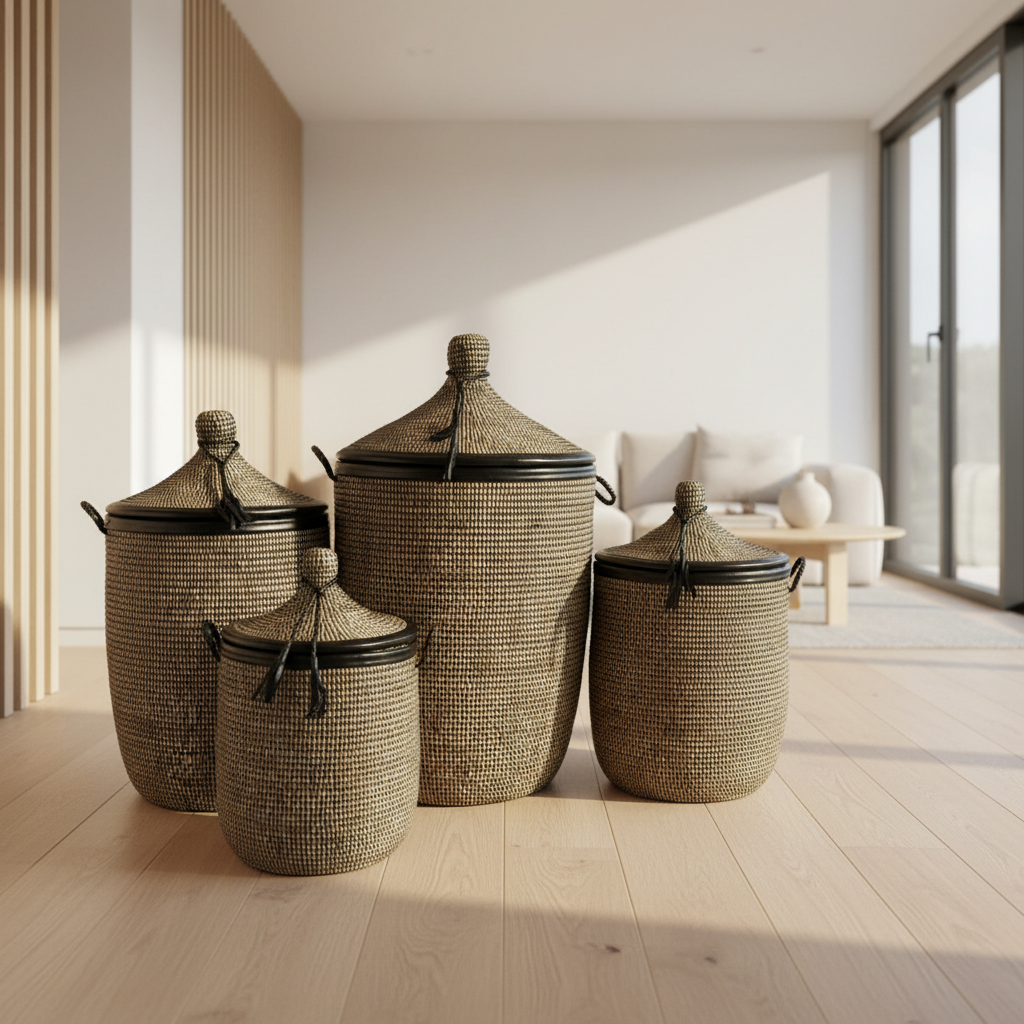 Sort vasketøjskurv med læderdetaljer, håndflettet med Senegal-låg