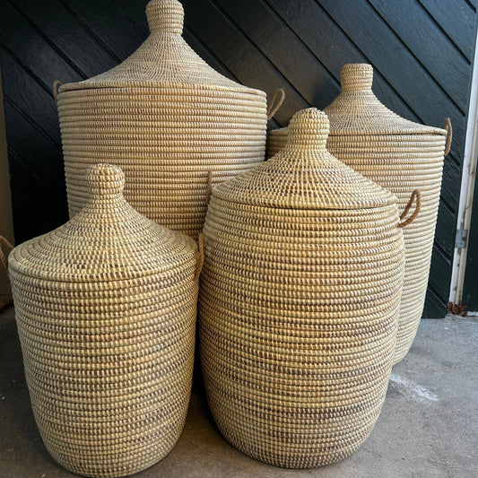 Laundry basket, black, hand-woven with lid. Fair Trade, Senegal