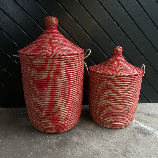 Laundry basket in red with lid. Fair Trade, Senegal