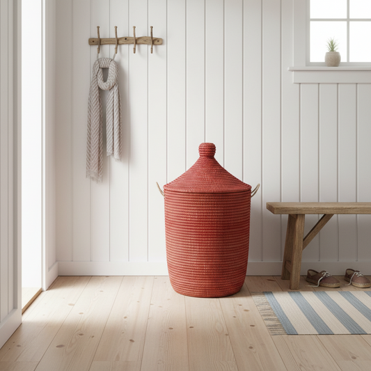 Rød vasketøjskurv med låg. Fair Trade, Senegal