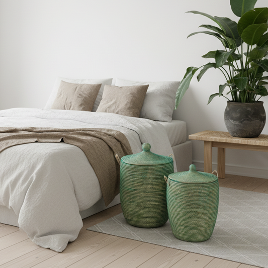 Grøn vasketøjskurv, håndflettet med Senegal-låg. Fair Trade