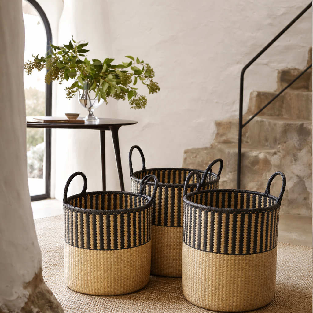 Vasketøjs- el. legetøjskurv, natur med sort skind hank