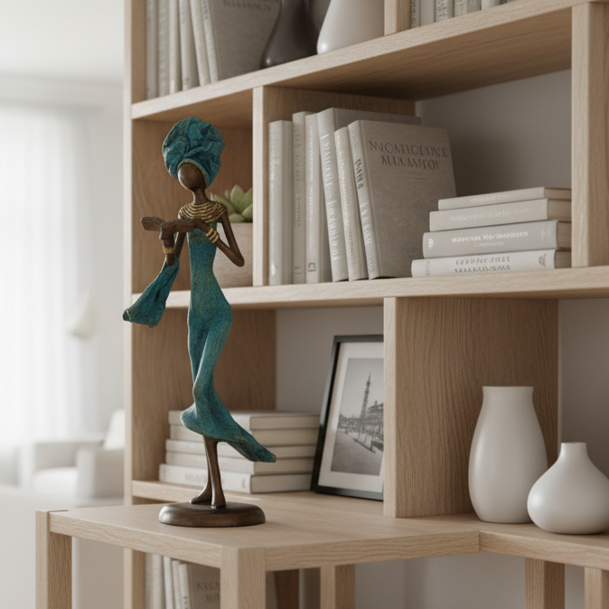 Woman with hat – bronze sculpture by the Burkinabe artist Soré, pastel green dress, size 16 cm