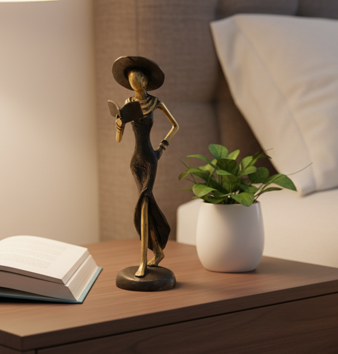 Kvinde med bog og hat – messingskulptur, sort kjole, str. 16 cm