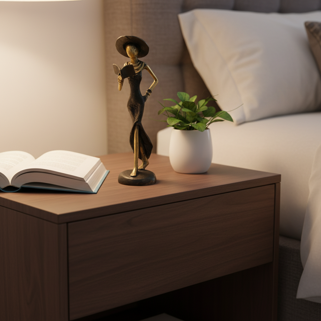 Kvinde med bog og hat – messingskulptur, sort kjole, str. 16 cm