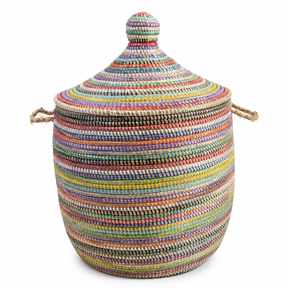 Multicoloured hand-braided laundry basket with lid