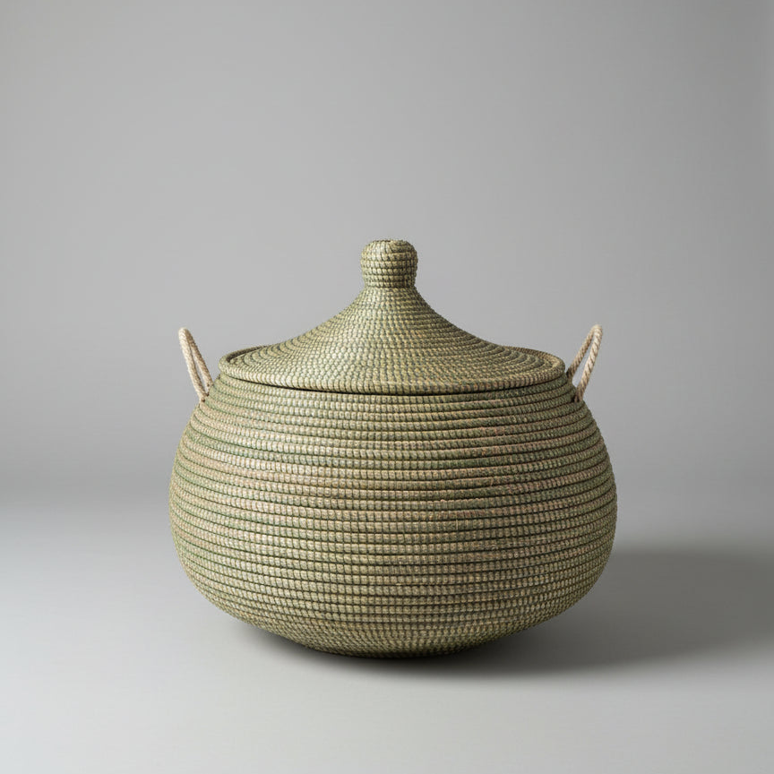 Buttede ball baskets (Ndaa) med låg,army grøn. Fair Trade, Senegal