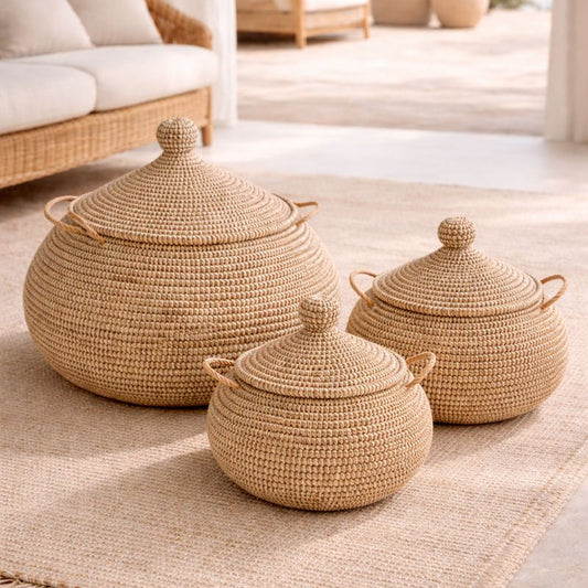 Puffed ball baskets with lids, Organic. Fair Trade, Senegal