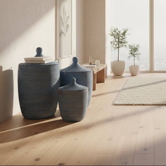 Blå vasketøjskurv, håndflettet med Senegal-låg. Fair Trade