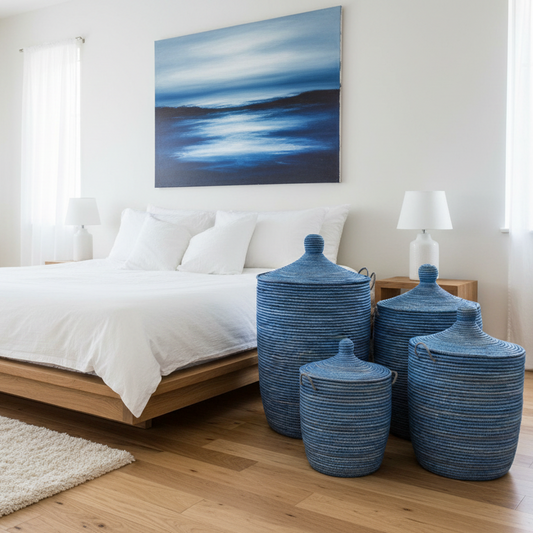 Blå vasketøjskurv, håndflettet med Senegal-låg. Fair Trade