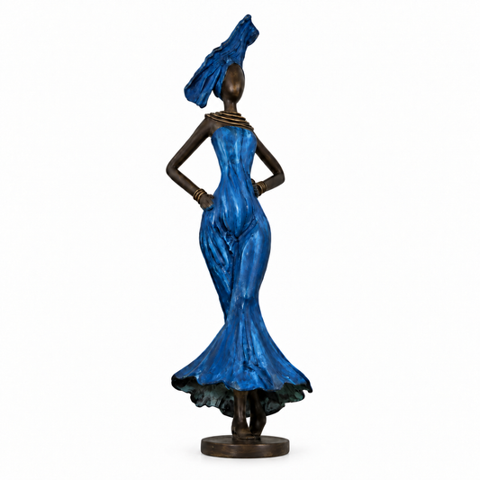 Bronzefigur af kvinde med blå kjole, 37 cm skulptur