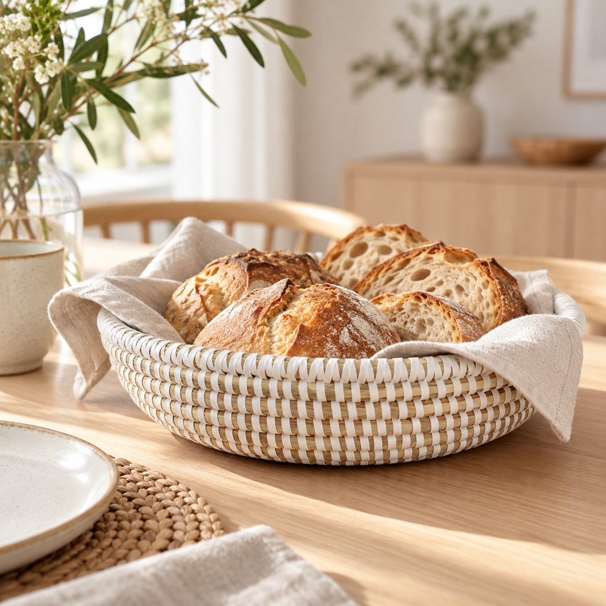 Oval brødkurv i flettet rattan med brød indeni