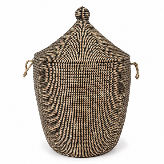 Multicoloured hand-braided laundry basket with lid