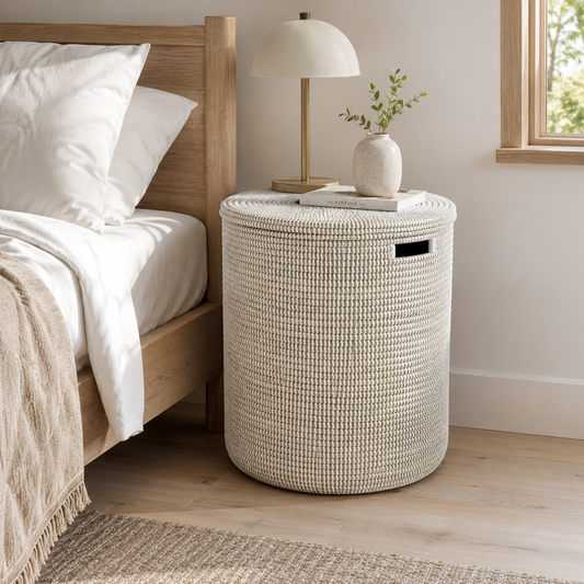 Basket / wicker table, cylindrical, white from Senegal