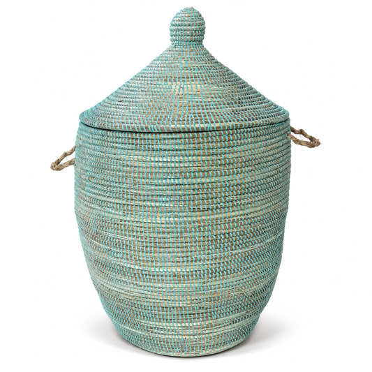 Multicoloured hand-braided laundry basket with lid