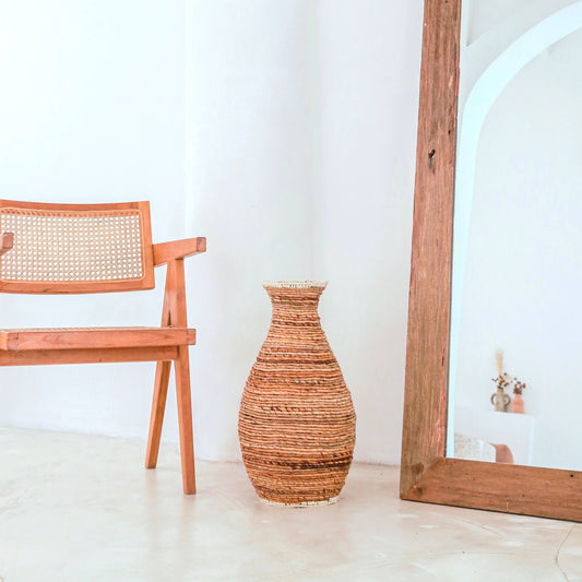 Tall boho vase in banana fiber and raffia