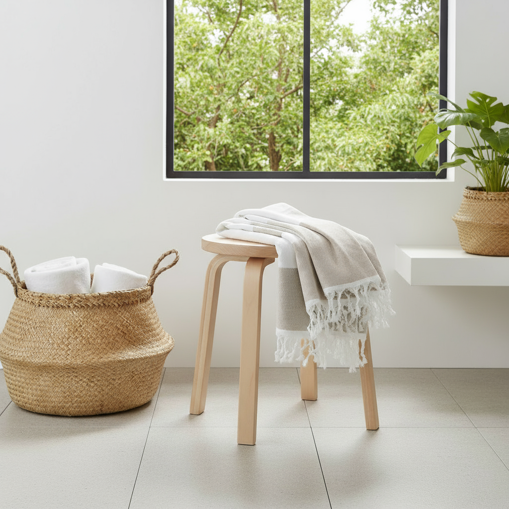 Strandhåndklæde-sarong i bomuld: Beige/hvid, 90x180 cm