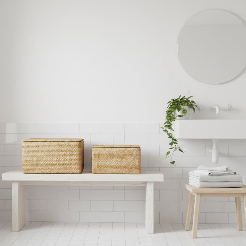 Storage basket with lid in light rattan