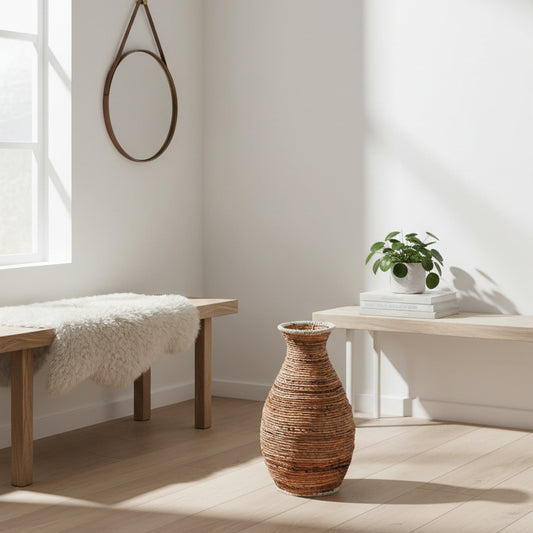 Høj boho vase i bananfibre og raffia