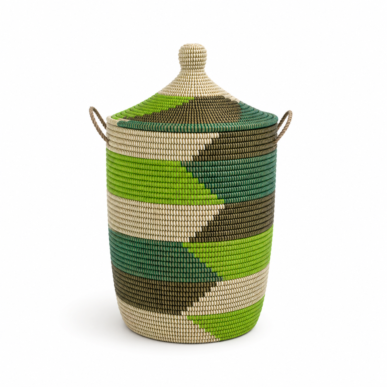 White laundry basket with leather details, hand braided with Senegal lid