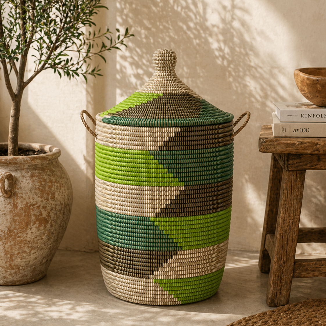 White laundry basket with leather details, hand braided with Senegal lid