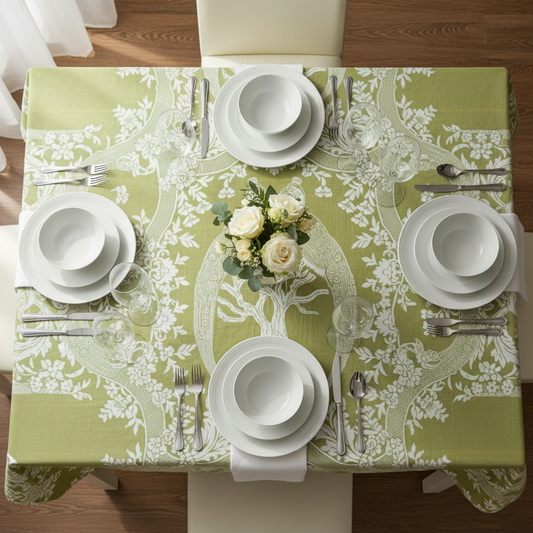 Dug, i pistaciegrøn, damaskvævning i økologisk bomuld