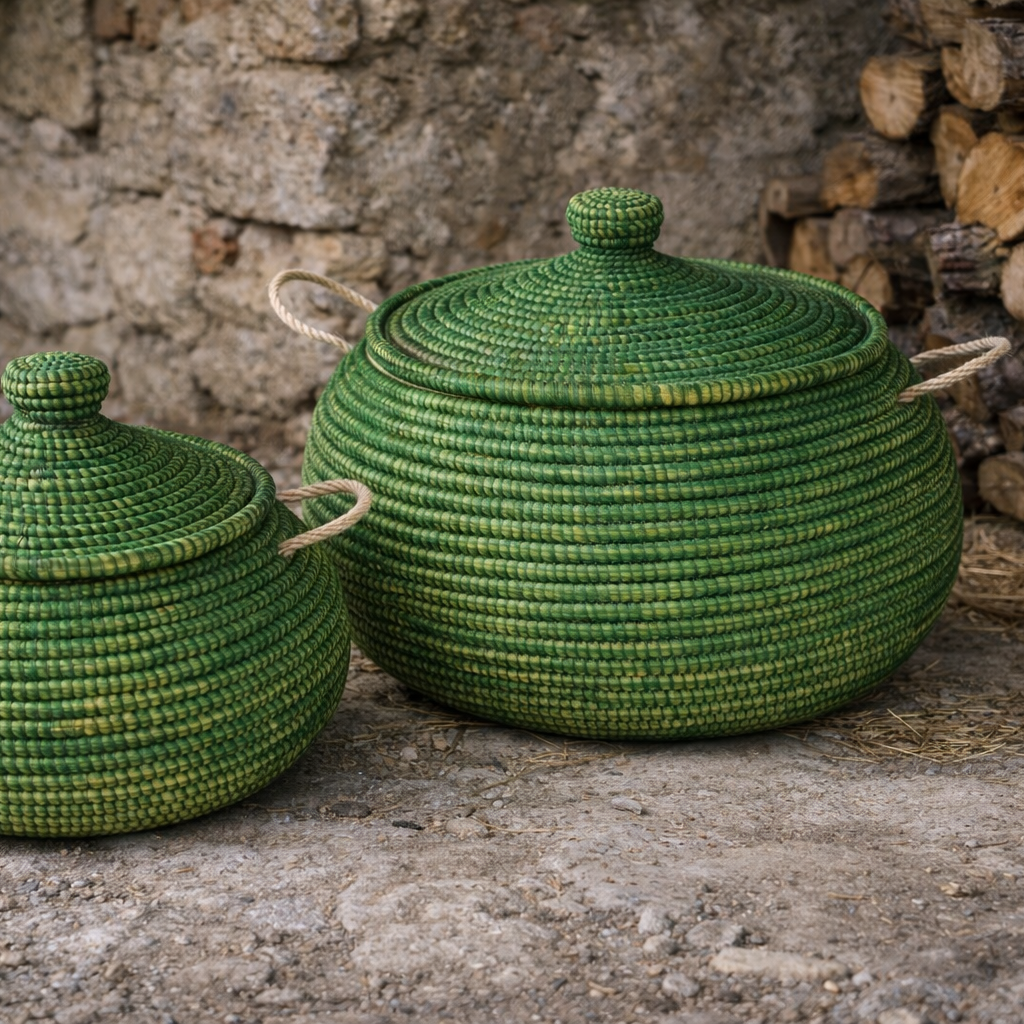 Buttede ball baskets (Ndaa) med låg, mørk grøn. Fair Trade, Senegal