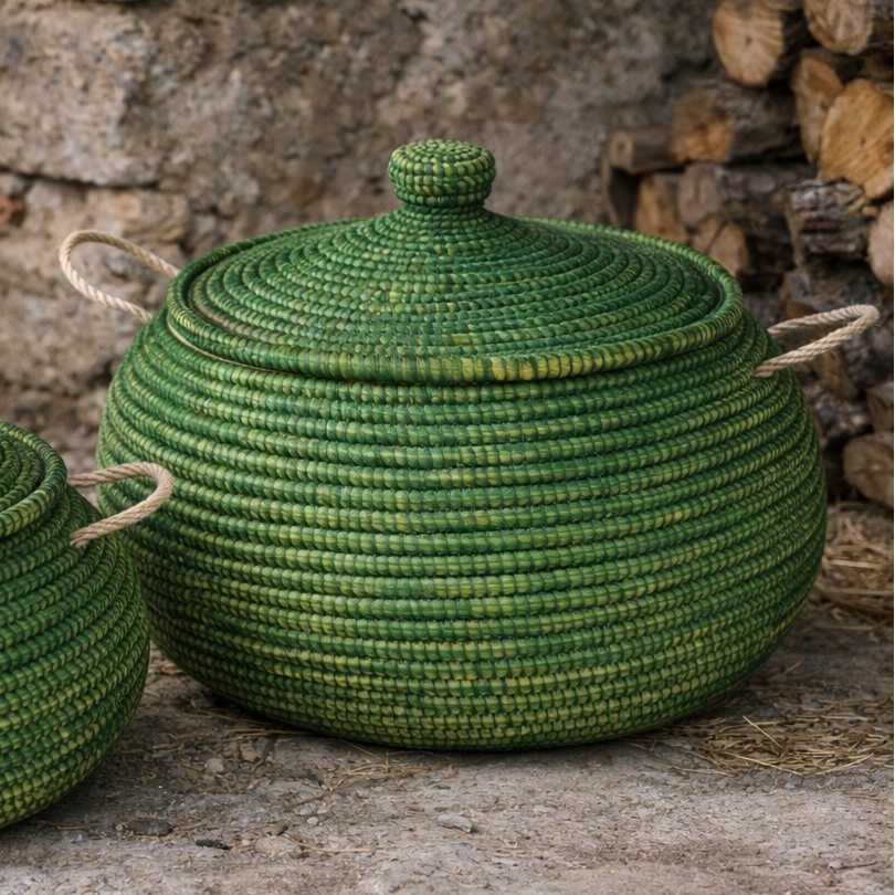 Buttede ball baskets (Ndaa) med låg, mørk grøn. Fair Trade, Senegal