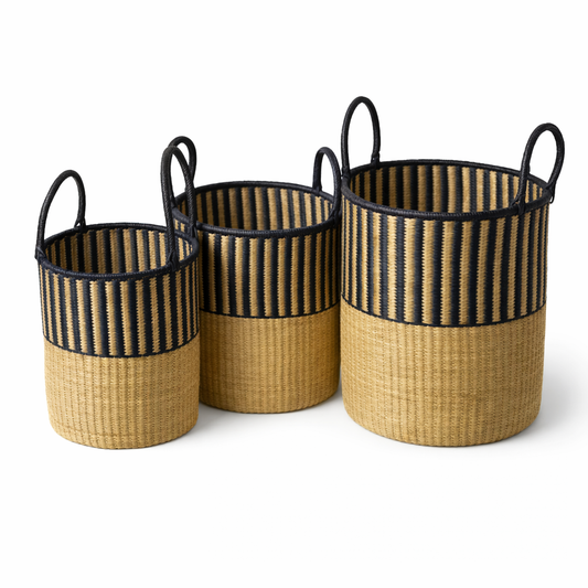 Vasketøjs- el. legetøjskurv, natur med sort skind hank