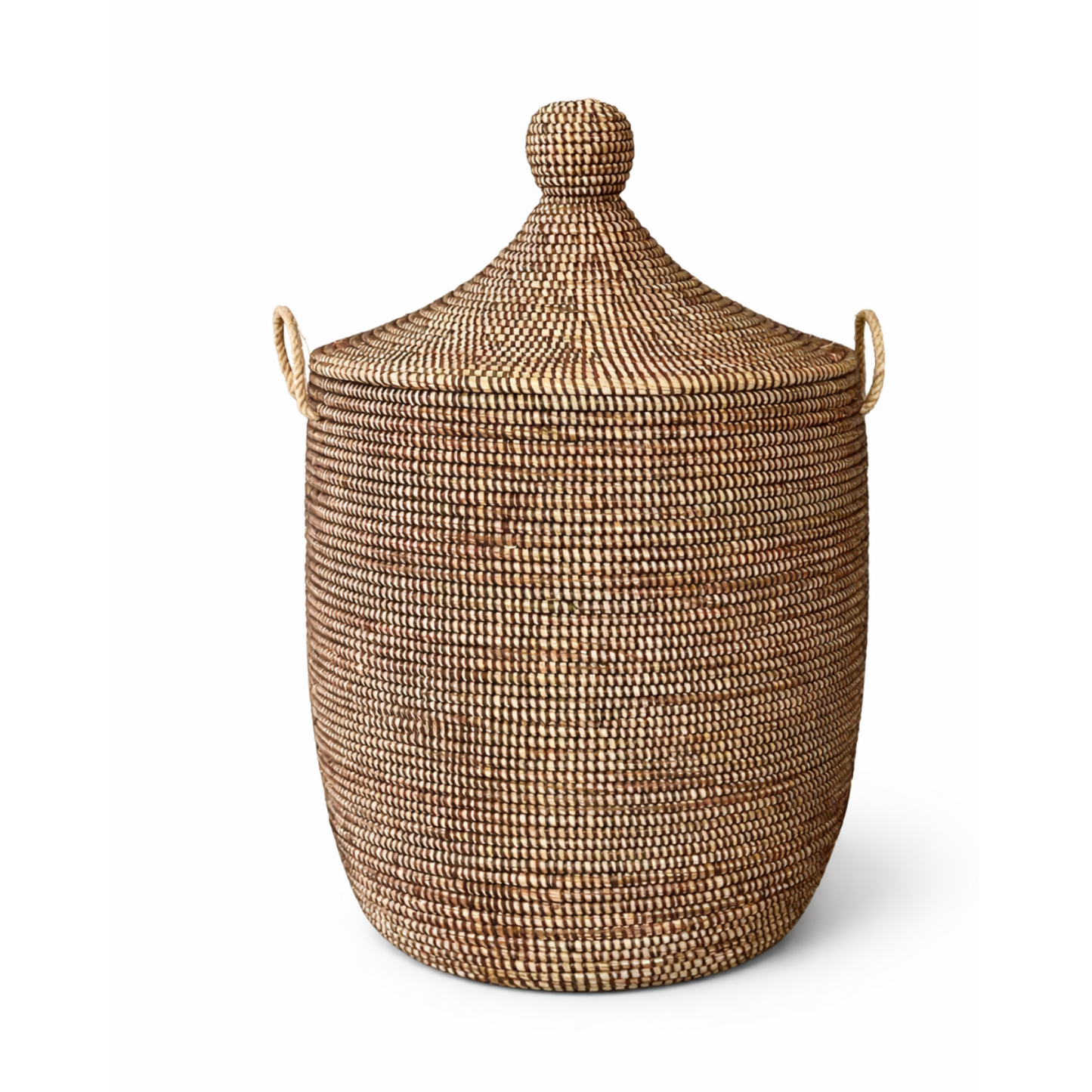 Sky blue laundry basket, hand woven with Senegal lid. Fair Trade