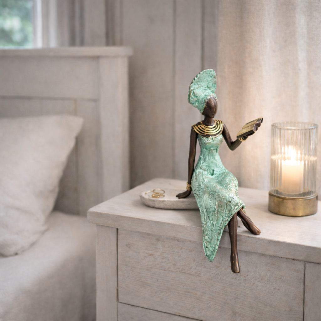 Læsende kvinde – bronze skulptur, mintgrøn kjole, ca. 25 cm