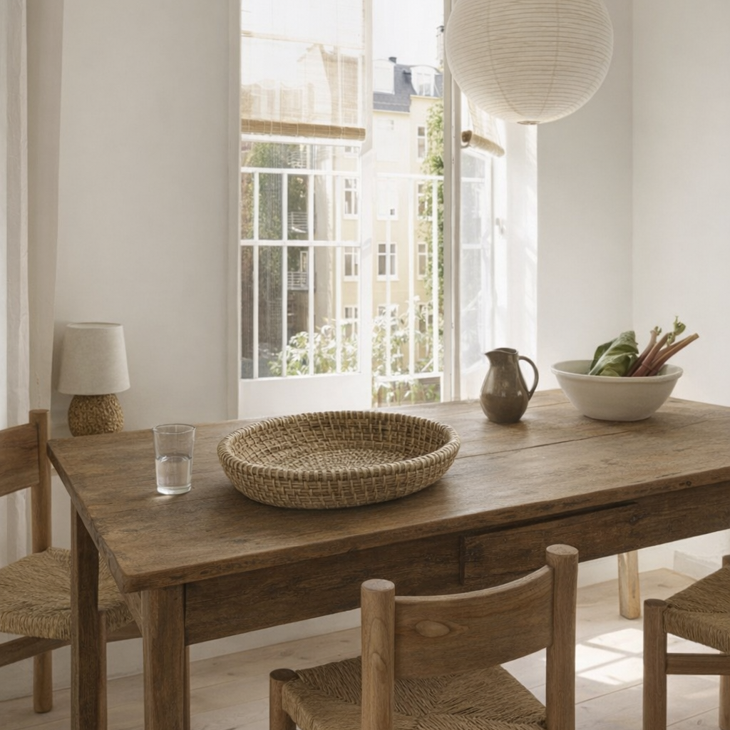 Oval vævet brødkurv i naturflet, placeret på spisebord.