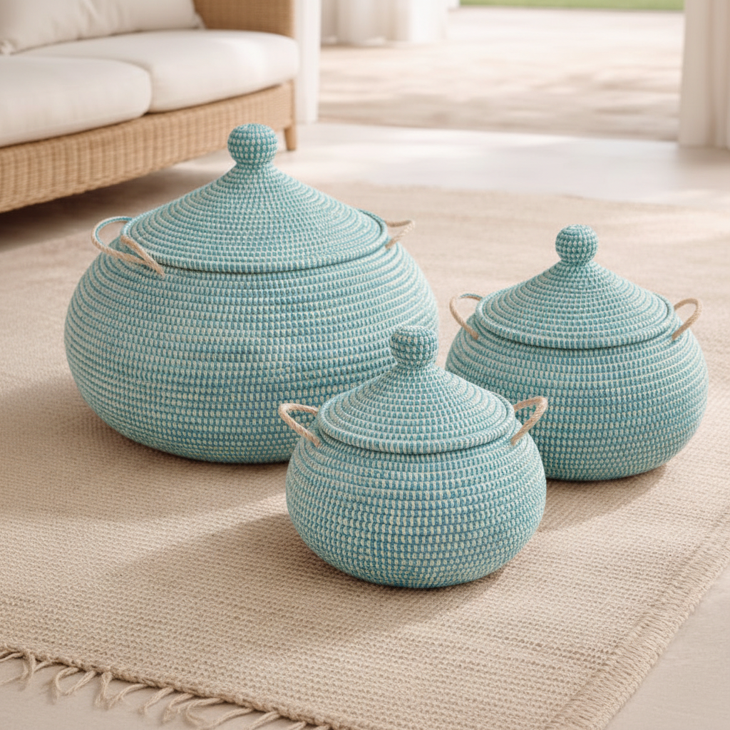 Puffed ball baskets (Ndaa) with lid, White. Fair Trade, Senegal