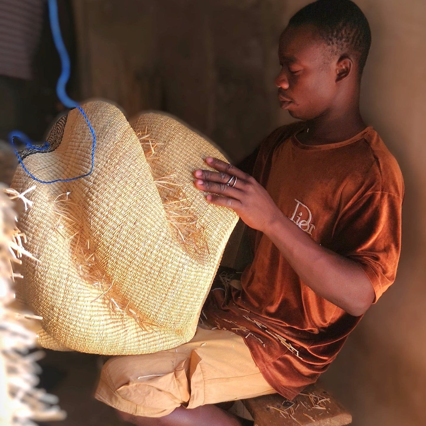 Stor lampeskærm flettet i søgræs, Fair Trade, Ghana