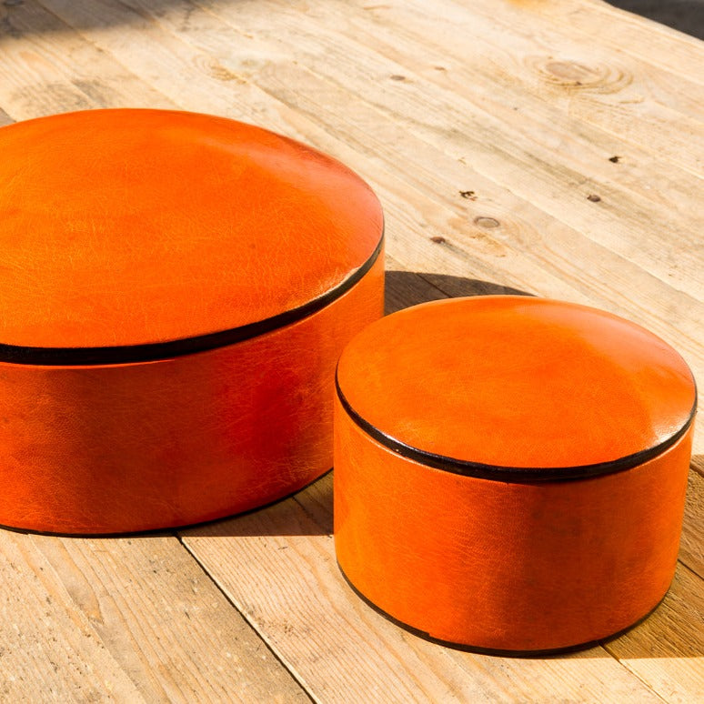 Leather storage box in many colors and two sizes. Fair Trade from Burkina Faso
