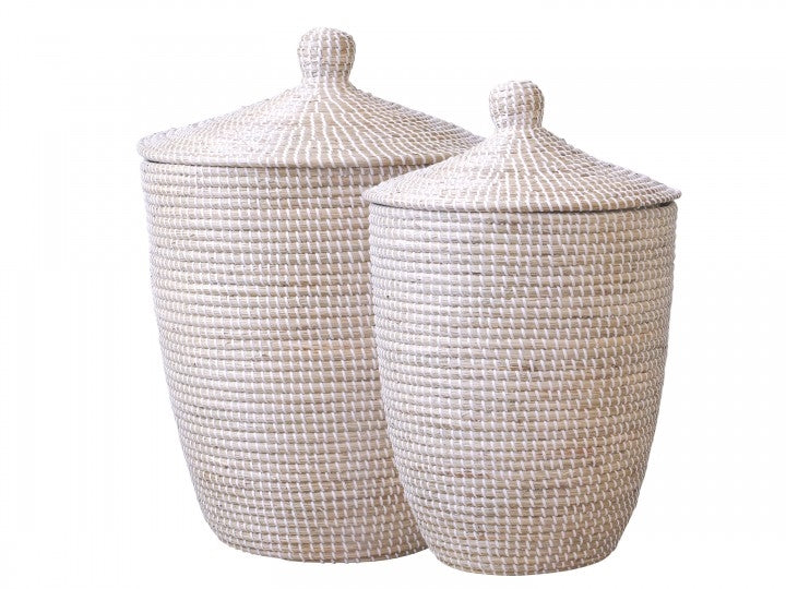 Laundry basket hand-woven elephant grass and recycled plastic with Senegal lid. White. Four sizes. Fair Trade