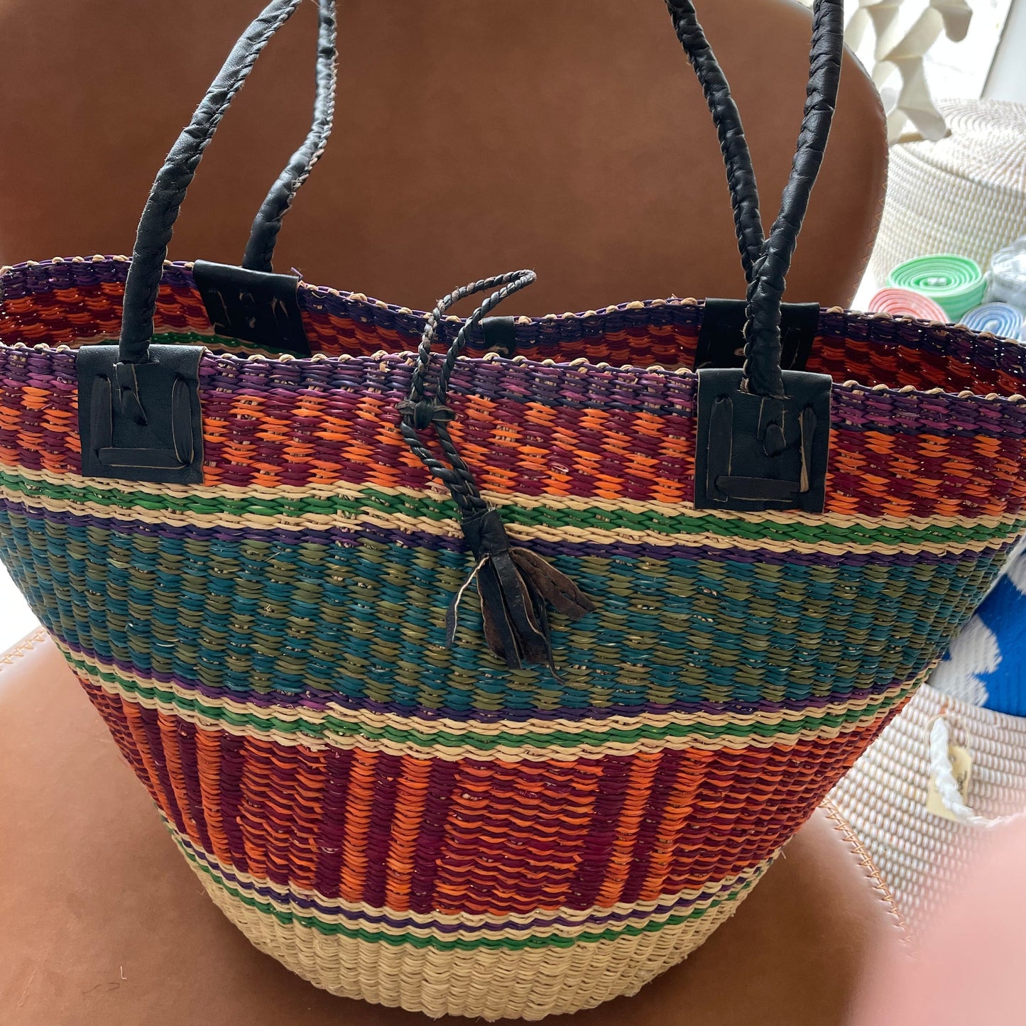 Shoulder bag handwoven in elephant grass. Multi colored. Fair Trade from Ghana